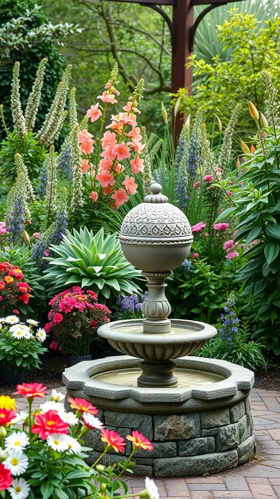 A beautiful garden featuring a stone fountain and colorful flowers.