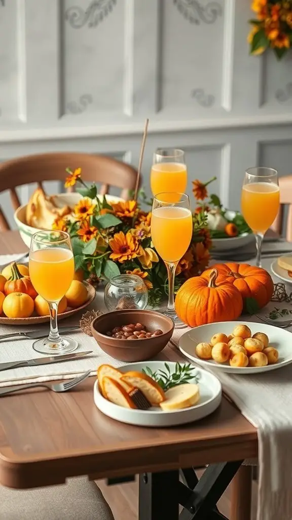 A beautifully arranged brunch table with mimosas, flowers, and seasonal decorations.