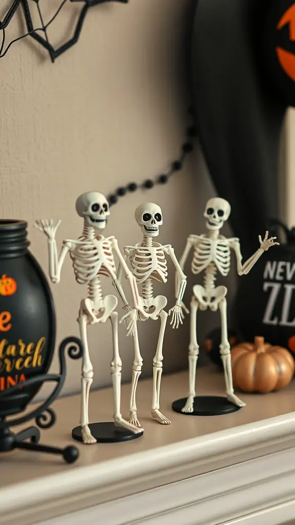 27+ Spook-tacular Halloween Mantel Decor Ideas with 15 Must-Have Items 10 Three playful skeleton decorations on a mantel with Halloween decor.
