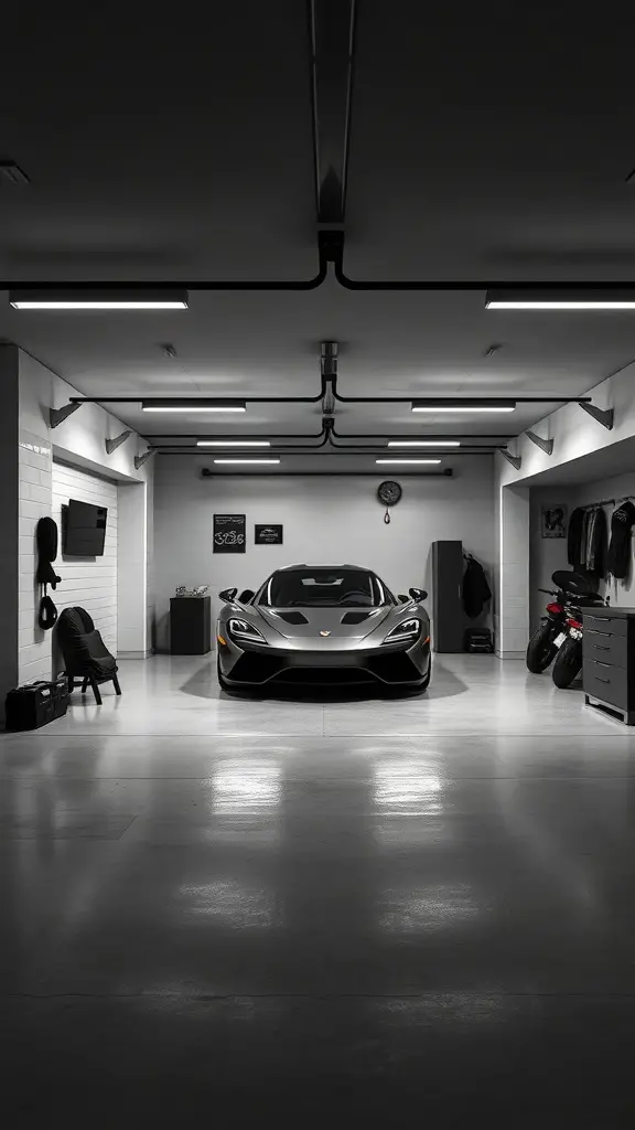 A modern garage featuring a sleek car, designed in monochrome minimalism with bright lighting.