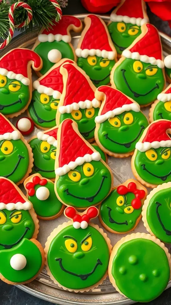19+ Adorable Grinch Baby Shower Ideas You’ll Love 4 Grinch-themed cookies decorated with red hats and green faces on a tray.
