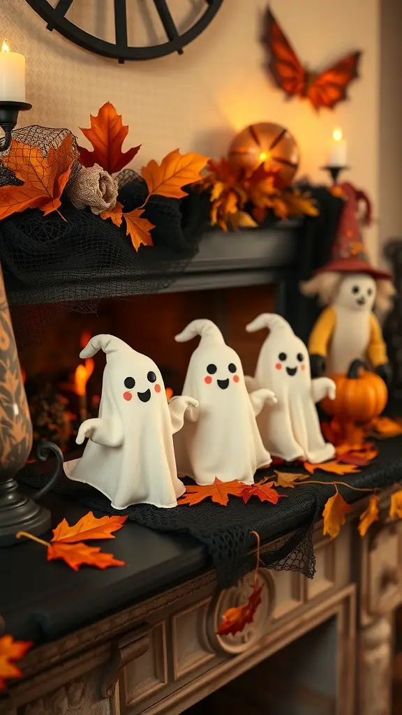 27+ Spook-tacular Halloween Mantel Decor Ideas with 15 Must-Have Items 2 A festive mantel decorated with whimsical ghost figurines, autumn leaves, and Halloween-themed decor.