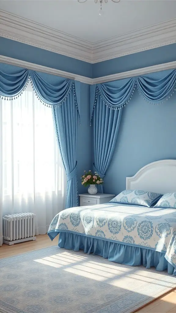 37+ Stunning Dark Blue Bedroom Ideas for a Cozy Retreat 6 A calming blue and white bedroom with soft blue walls, white bedding, and elegant curtains.