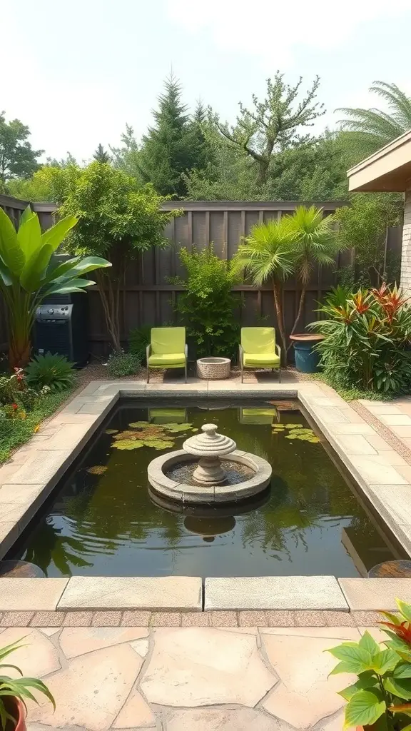 23+ Stunning Rectangular Backyard Design Ideas You’ll Love 4 A rectangular pond with a fountain surrounded by greenery and two chairs.