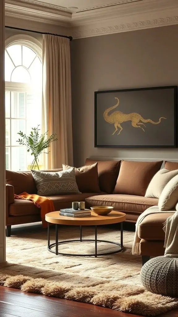 25+ Stunning Ralph Lauren Living Room Ideas for a Classic Makeover 12 A cozy living room featuring a brown sofa, layered textures, and warm decor.