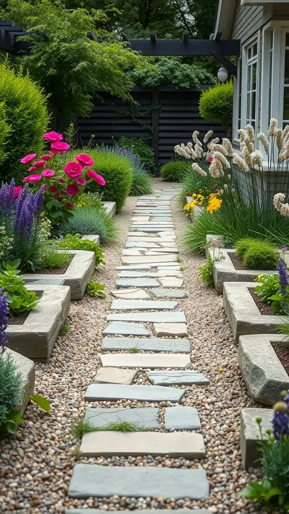 27+ Stunning English Garden Landscaping Ideas You’ll Love 9 A rustic stone pathway surrounded by colorful flowers and greenery in an English garden.