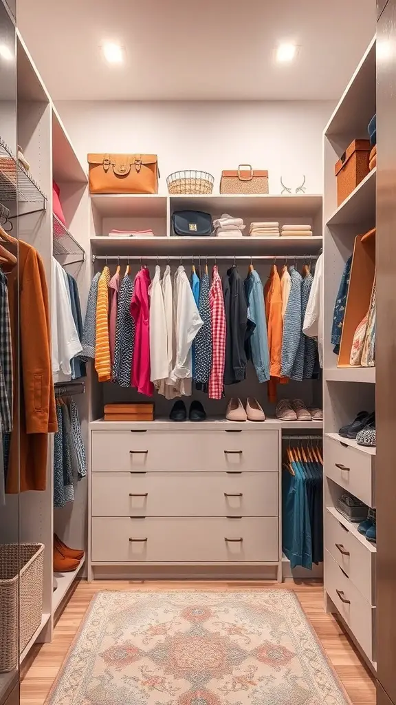 25+ Stylish Closet Ideas Featuring Dressers Inside 14 A well-organized closet featuring a dresser, colorful clothing, and stylish accessories.