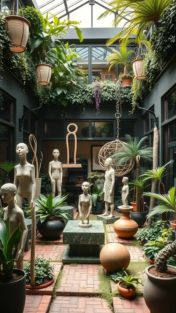 27+ Inspiring Atrium Garden Ideas to Transform Your Space 16 An atrium garden featuring various sculptures and lush greenery.