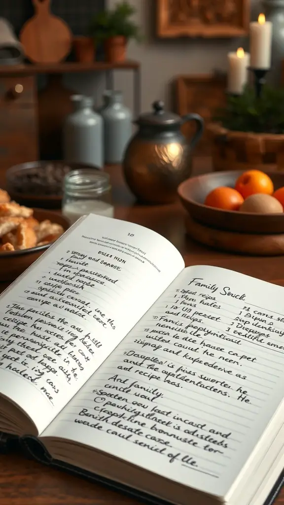 A personalized recipe book opened to handwritten recipes, surrounded by ingredients and a cozy kitchen setting.