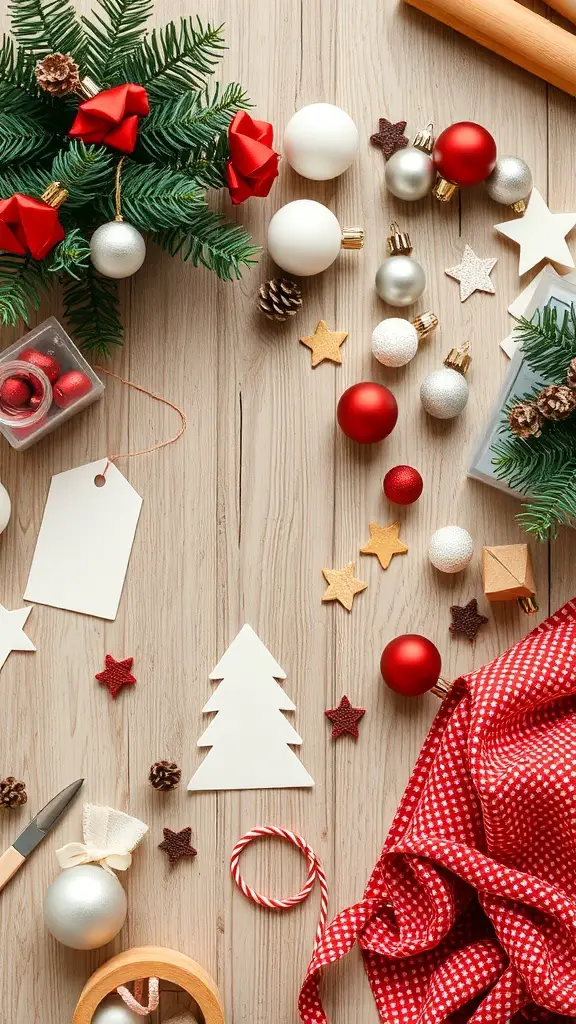 33+ Festive Christmas Party Decor Ideas to Elevate Your Holiday Celebration 20 A collection of Christmas crafting supplies including ornaments, pinecones, and decorative stars on a wooden surface.