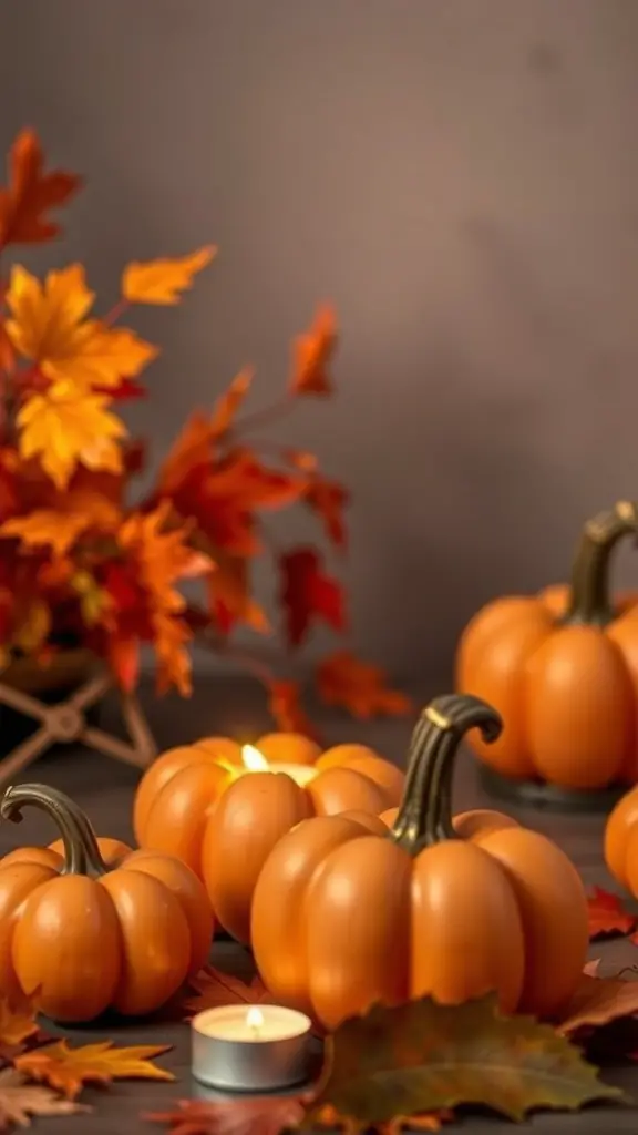 35+ Creative Fall Craft Ideas You’ll Love 2 Pumpkin spice candle holders with tealights surrounded by autumn leaves.