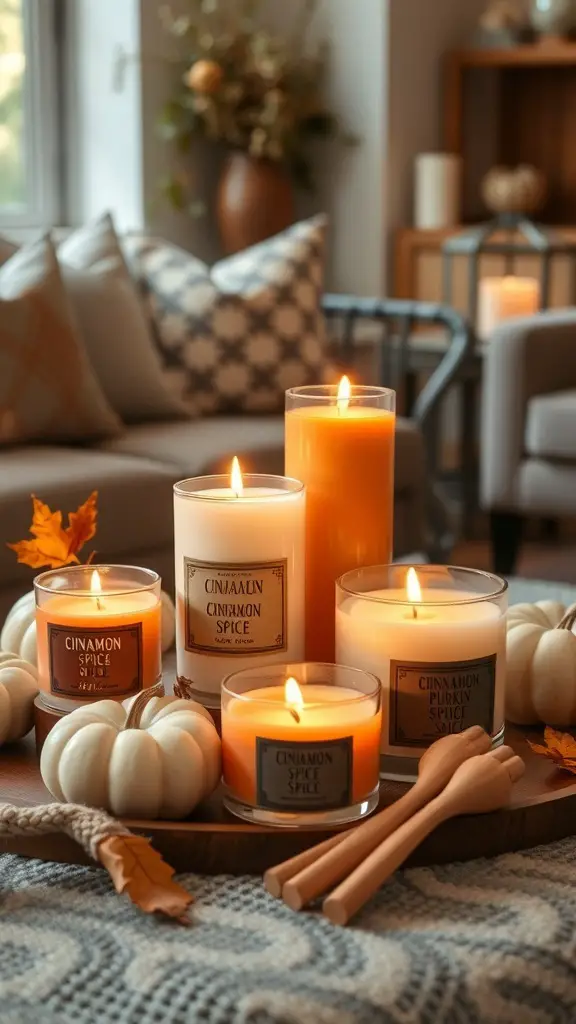 A cozy fall coffee table decor featuring candles in cinnamon and pumpkin spice scents, surrounded by small pumpkins and wooden utensils.