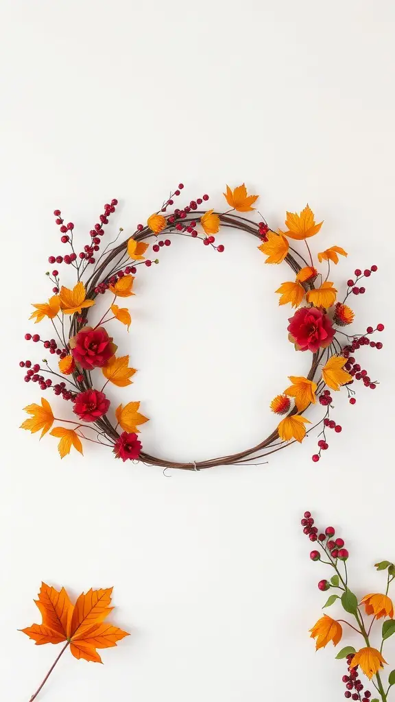 25+ Creative DIY Fall Wreath Ideas to Brighten Your Home 8 A floral and berry autumn wreath featuring red flowers, orange leaves, and berries on a grapevine base.