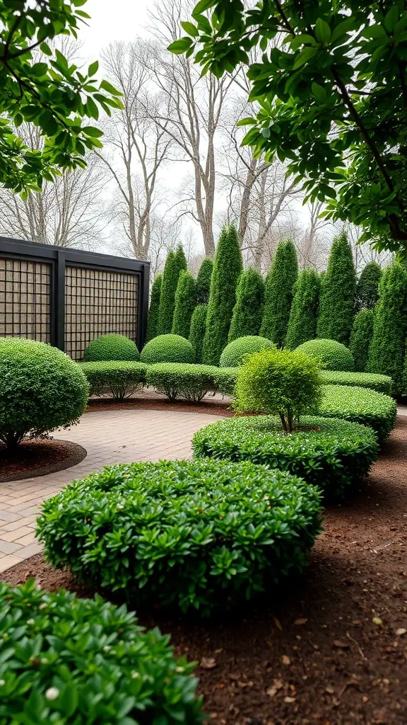 A landscaped area featuring rounded hedges and tall trees, creating a private space.