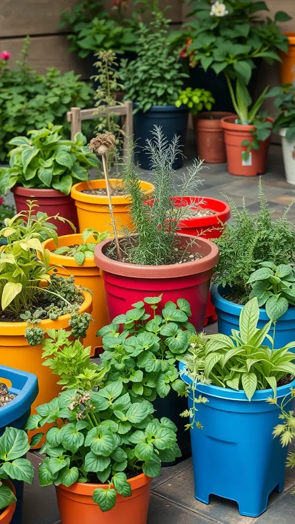 Colorful containers filled with various culinary herbs like basil, rosemary, and mint.