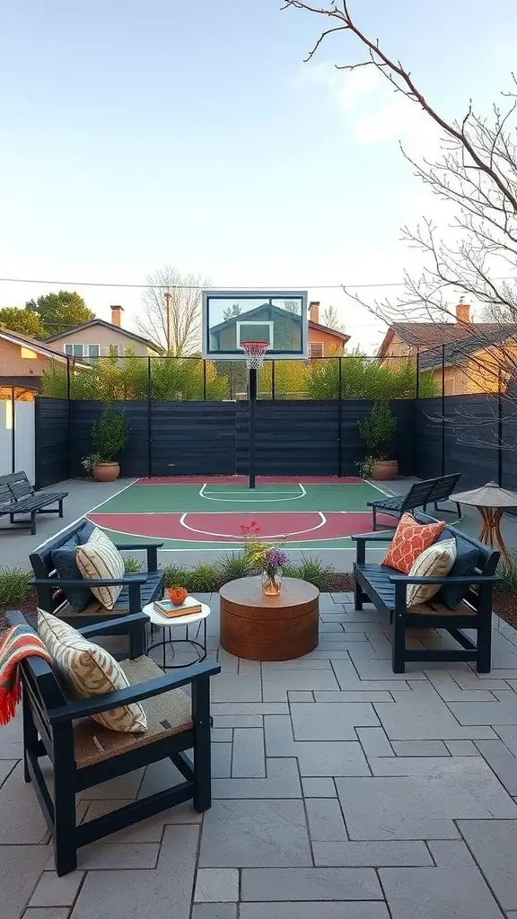 25+ Inspiring Backyard Basketball Court Ideas 3 A backyard basketball court with a cozy spectator area featuring chairs and a table.