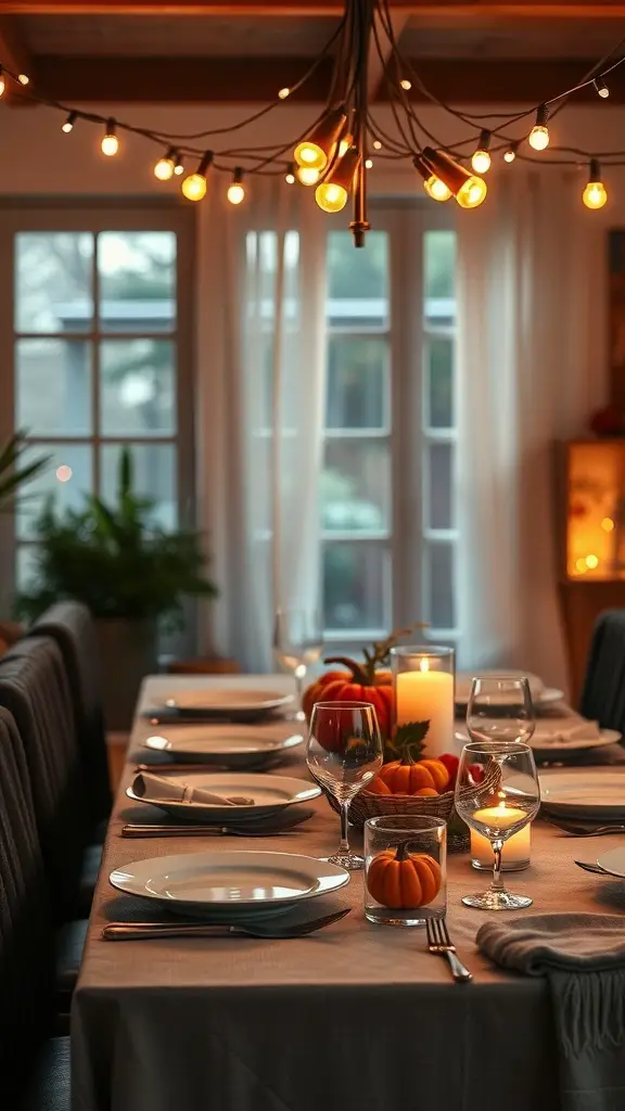 25+ Stunning Fall Dining Table Decor Ideas You Need to Try 15 A cozy dining table decorated for fall with string lights, pumpkins, and candles.