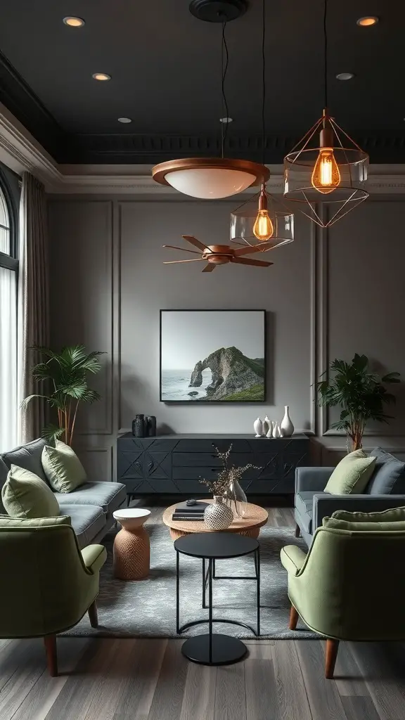 27+ Stunning Grey and Green Living Room Ideas 6 A stylish grey and green living room featuring modern lighting fixtures.