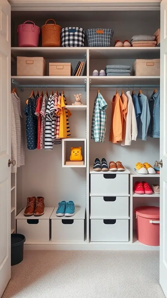 Organized kids closet with clothes, shoes, and storage bins