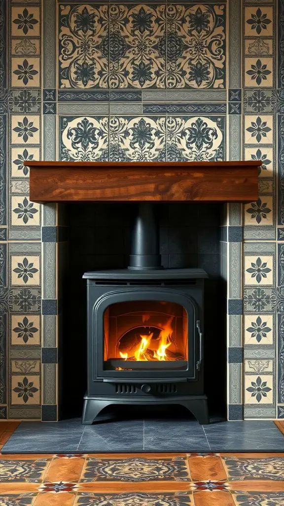 29+ Stunning Wood Stove Fireplace Surround Ideas to Warm Up Your Home 4 A wood stove fireplace surrounded by elegant patterned tiles in muted colors.