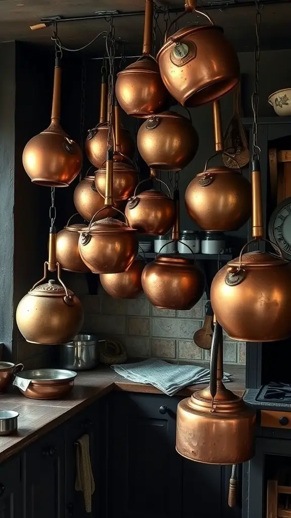 29+ Essential Items for a Cozy Dark Cottagecore Kitchen 5 A collection of antique copper cookware hanging in a dark cottagecore kitchen.