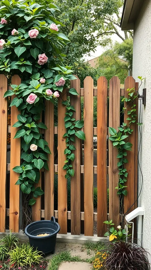 27+ Creative Long Narrow Backyard Ideas for Your Outdoor Space 16 A wooden decorative fence with climbing plants and flowers in a backyard.