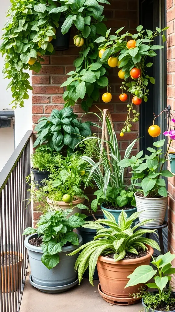 A balcony garden with various potted plants including herbs, vegetables, and fruits.
