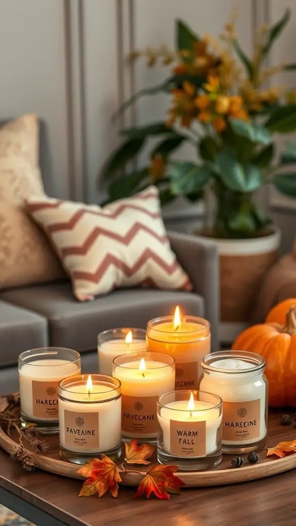 31+ Cozy Fall Apartment Decor Ideas to Transform Your Space 2 A cozy arrangement of scented candles on a tray with autumn leaves and a pumpkin, creating a warm fall atmosphere.