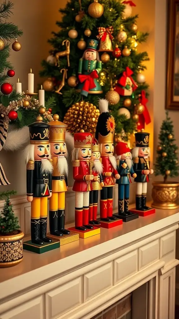 Colorful nutcracker figures displayed on a mantel with Christmas decorations.