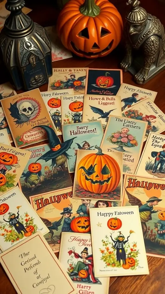 27+ Enchanting Vintage Halloween Decorations to Elevate Your Spooky Season 5 A collection of vintage Halloween greeting cards featuring pumpkins, spooky characters, and festive messages.