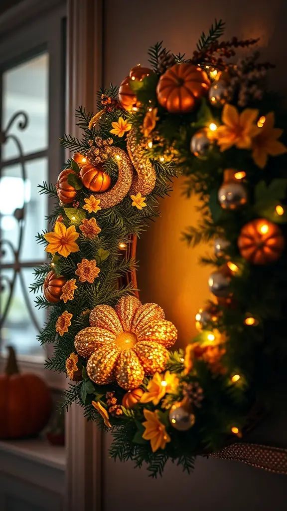 A glamorous pumpkin wreath adorned with glitter, flowers, and lights, perfect for fall decoration.