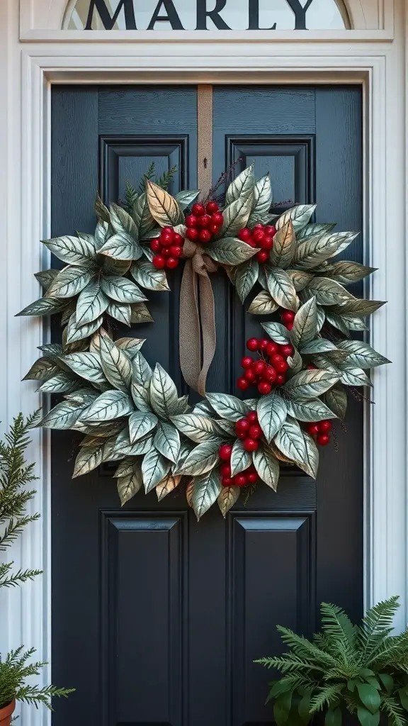 25+ Creative DIY Fall Wreath Ideas to Brighten Your Home 18 A metallic leaf and berry wreath hanging on a dark door.
