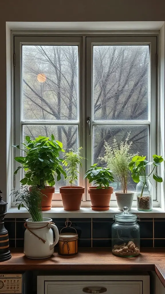 29+ Essential Items for a Cozy Dark Cottagecore Kitchen 6 A cozy kitchen windowsill with various herbs in pots, framed by a view of trees outside.