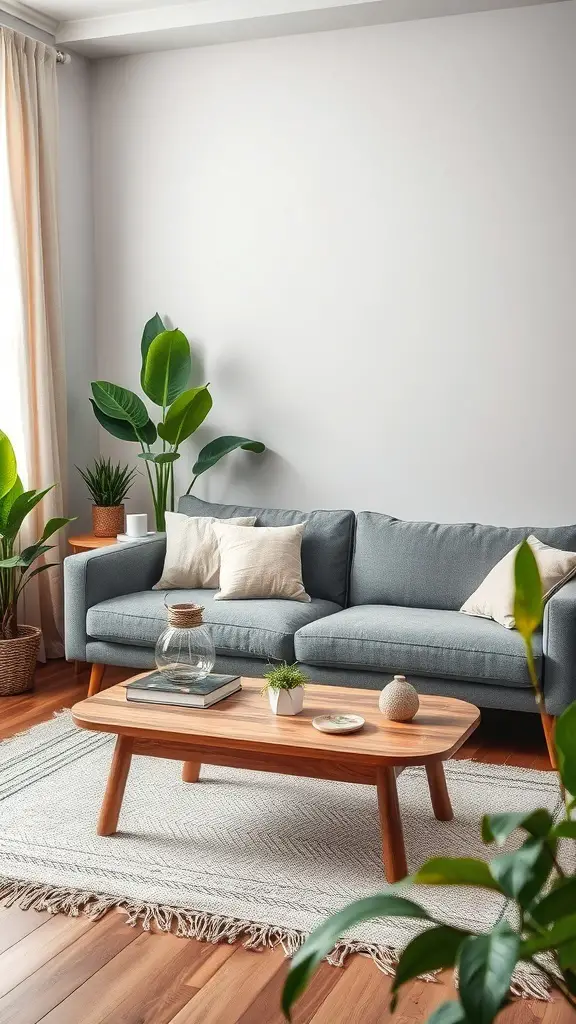 A cozy living room featuring a grey couch, wooden coffee table, and various indoor plants.