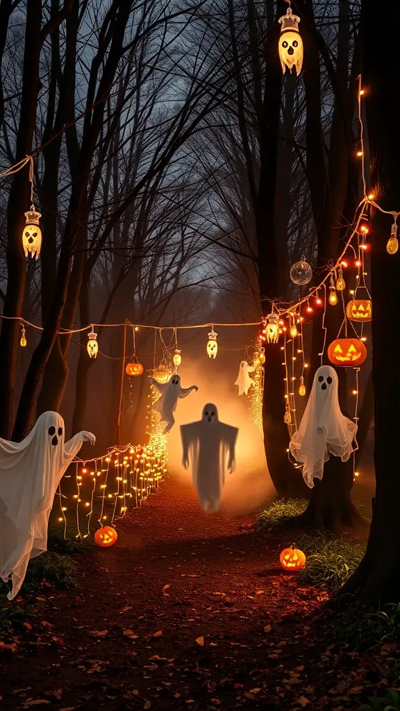 33+ Spooktacular Halloween Party Themes You Need to Try 17 A spooky forest path decorated with ghostly figures and glowing pumpkins for Halloween.