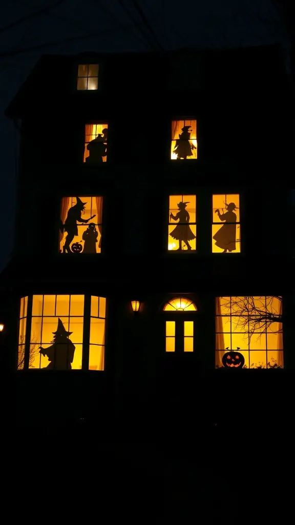 31+ Spooky Halloween House Decorations You Need This Season 12 A house with spooky silhouettes in the windows, featuring witches and pumpkins, illuminated by warm light.