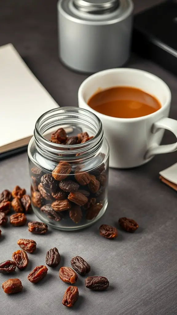 21+ Creative Office Candy Jar Ideas to Sweeten Your Workspace 17 A jar filled with chocolate-covered raisins next to a cup of coffee and a notebook.