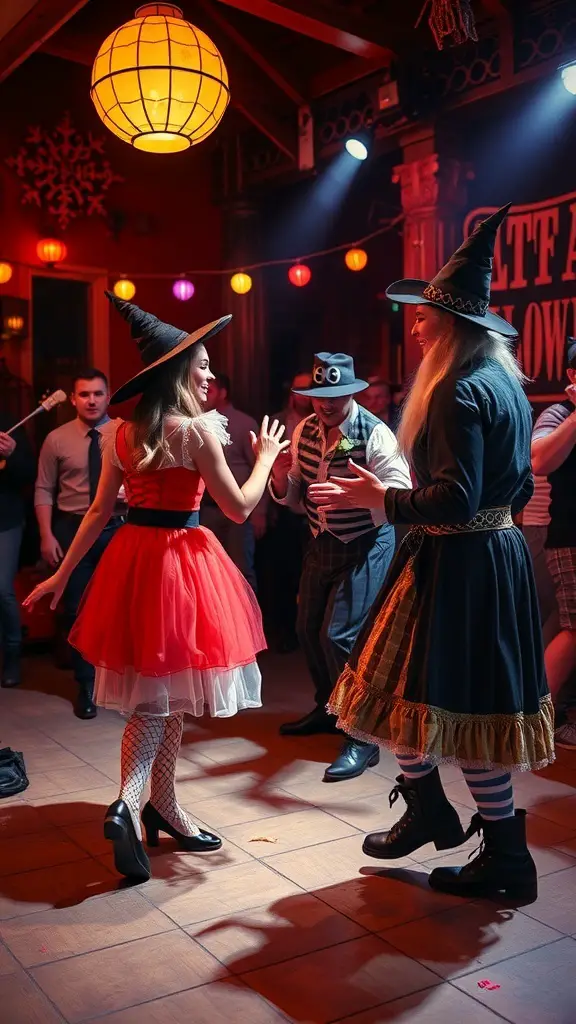 19+ Exciting Halloween Carnival Games for Spooktacular Fun 14 A lively Halloween dance-off with kids in costumes dancing on a wooden floor, decorated with Halloween-themed lights and banners.