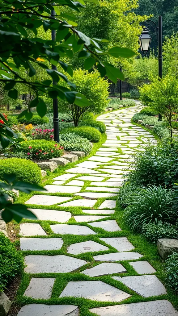 A winding stone pathway surrounded by greenery and flowers in a wellness garden.