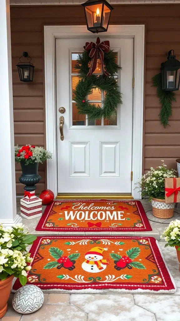 23+ Festive Front Porch Christmas Decor Ideas You’ll Love 11 A colorful front porch with a welcome mat featuring a snowman and festive decorations.