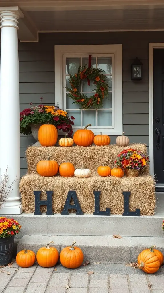 Colorful hay bale arrangement with pumpkins and flowers on a front porch