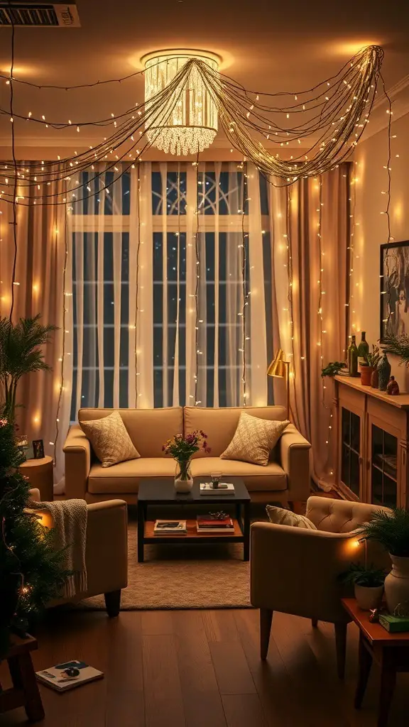 A cozy living room with fairy lights draped from the ceiling, creating a warm and inviting atmosphere.