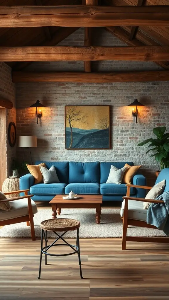 29+ Stunning Blue Couch Living Room Ideas You’ll Love 5 Cozy living room featuring a blue couch, wooden beams, and warm lighting