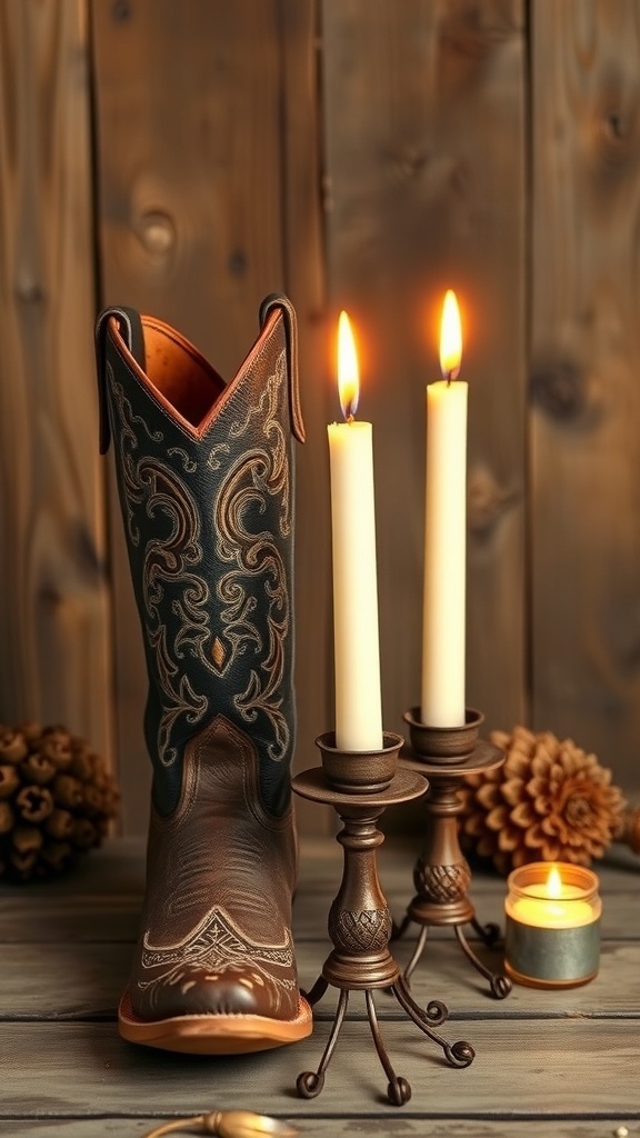 25+ Creative Cowboy Boot Centerpieces for Your Next Event 13 A cowboy boot with candles beside it, creating a cozy atmosphere.