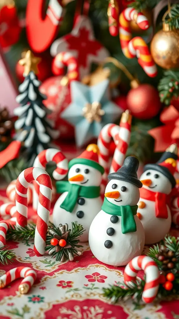 Colorful clay snowmen surrounded by candy canes and festive decorations
