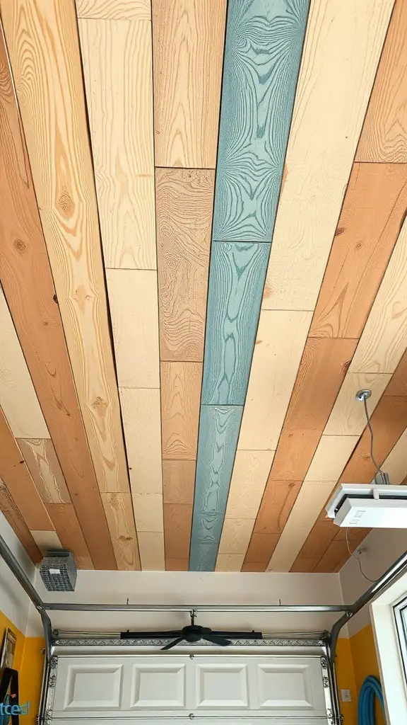 A garage ceiling featuring painted wood planks in various natural tones and a blue accent.