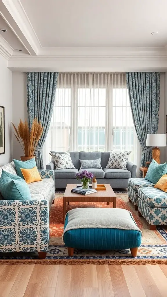 27+ Stunning Ideas for a Neutral and Blue Living Room Decor 11 A living room featuring a mix of blue and neutral patterns with floral and geometric designs.