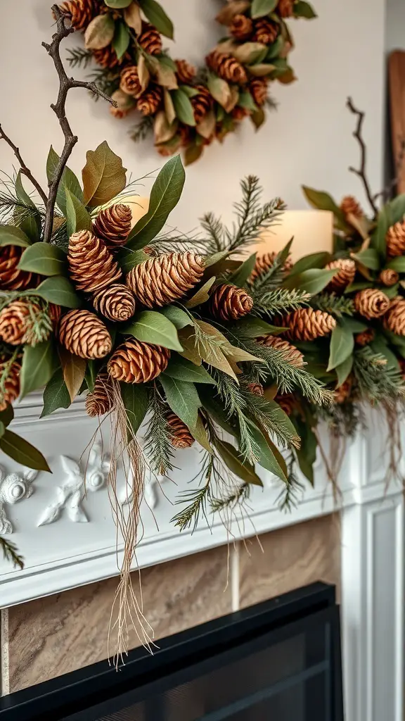 37+ Creative Indoor Fall Decorations You’ll Love 7 A nature-inspired garland featuring pinecones and green leaves, displayed on a mantel.