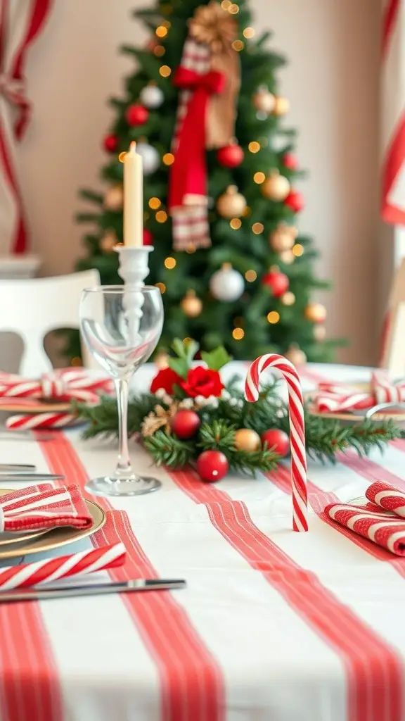 37+ Stunning Christmas Table Decorations You'll Love 21 A Christmas table decorated in classic red and white theme with a striped tablecloth, candy canes, and a festive centerpiece.