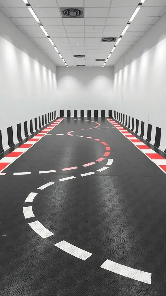 23+ Creative Car Room Decor Ideas for Enthusiasts 21 Race track floor design with winding lines in a room